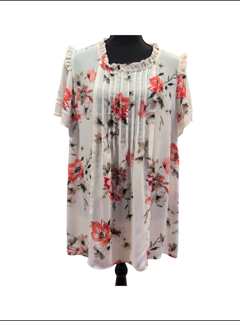 Floral Pintuck Short Sleeve Blouse - White with Coral Flowers